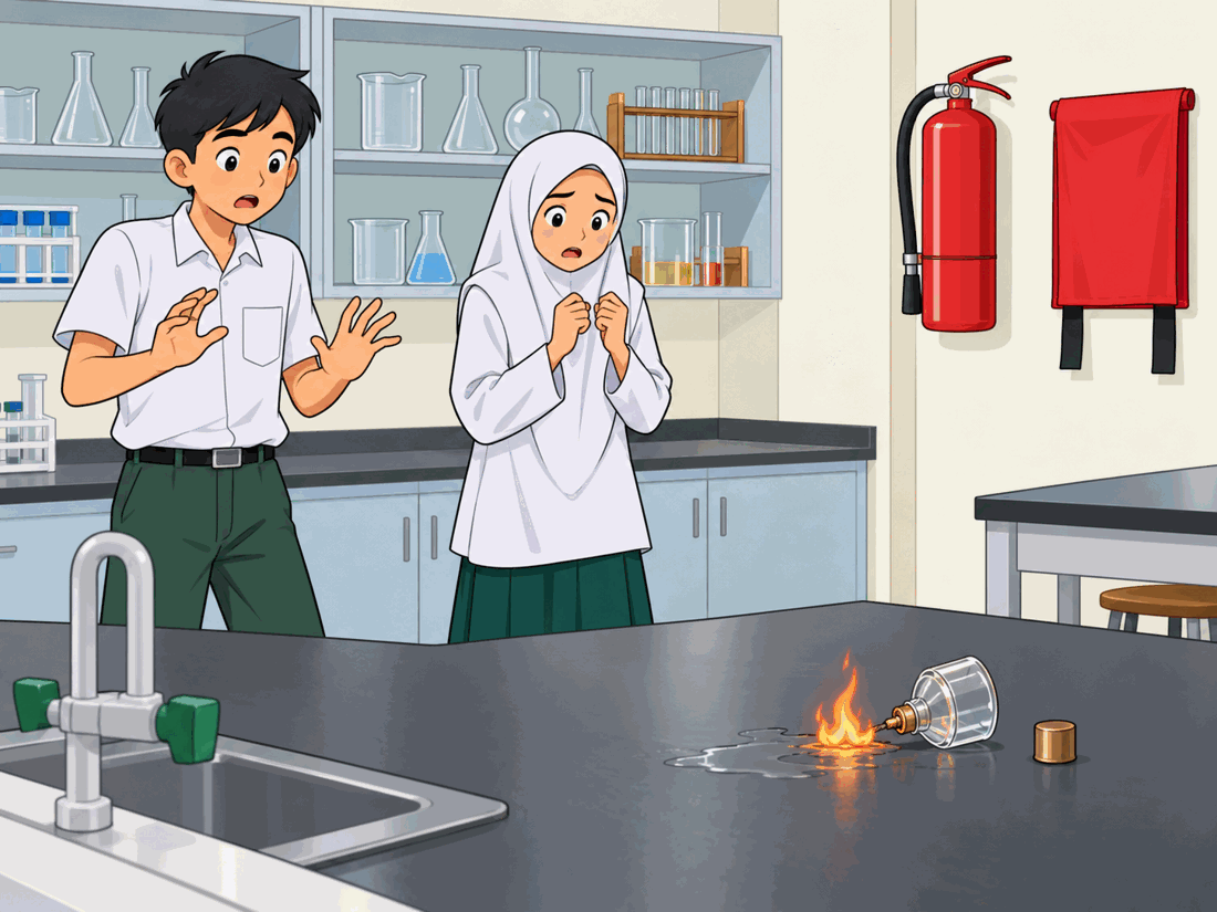 A small fire on a laboratory bench beside an overturned spirit lamp; two students nearby