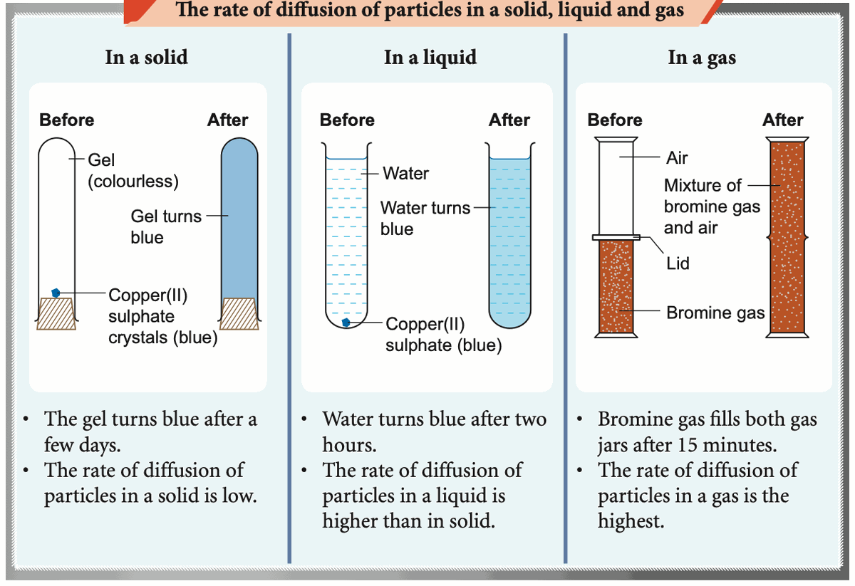 Diffusion of copper(II) sulphate in gel and water, and of bromine gas in air