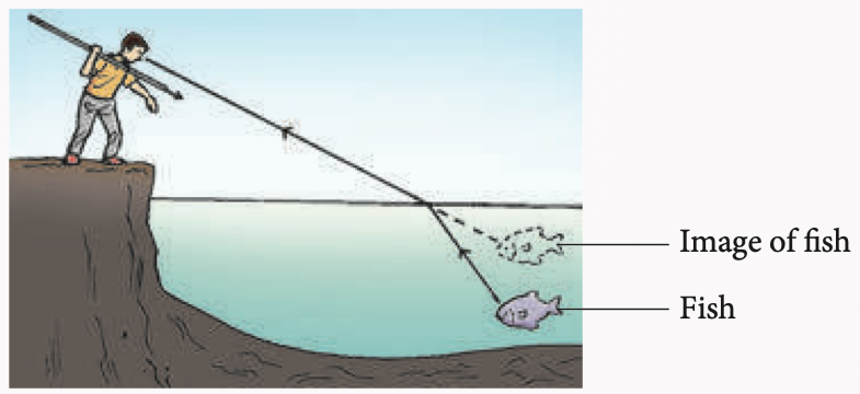A boy on a riverbank aiming a spear at the image of a fish; the real fish is deeper