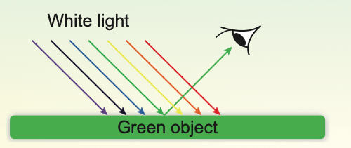 White light on a green object; only green is reflected