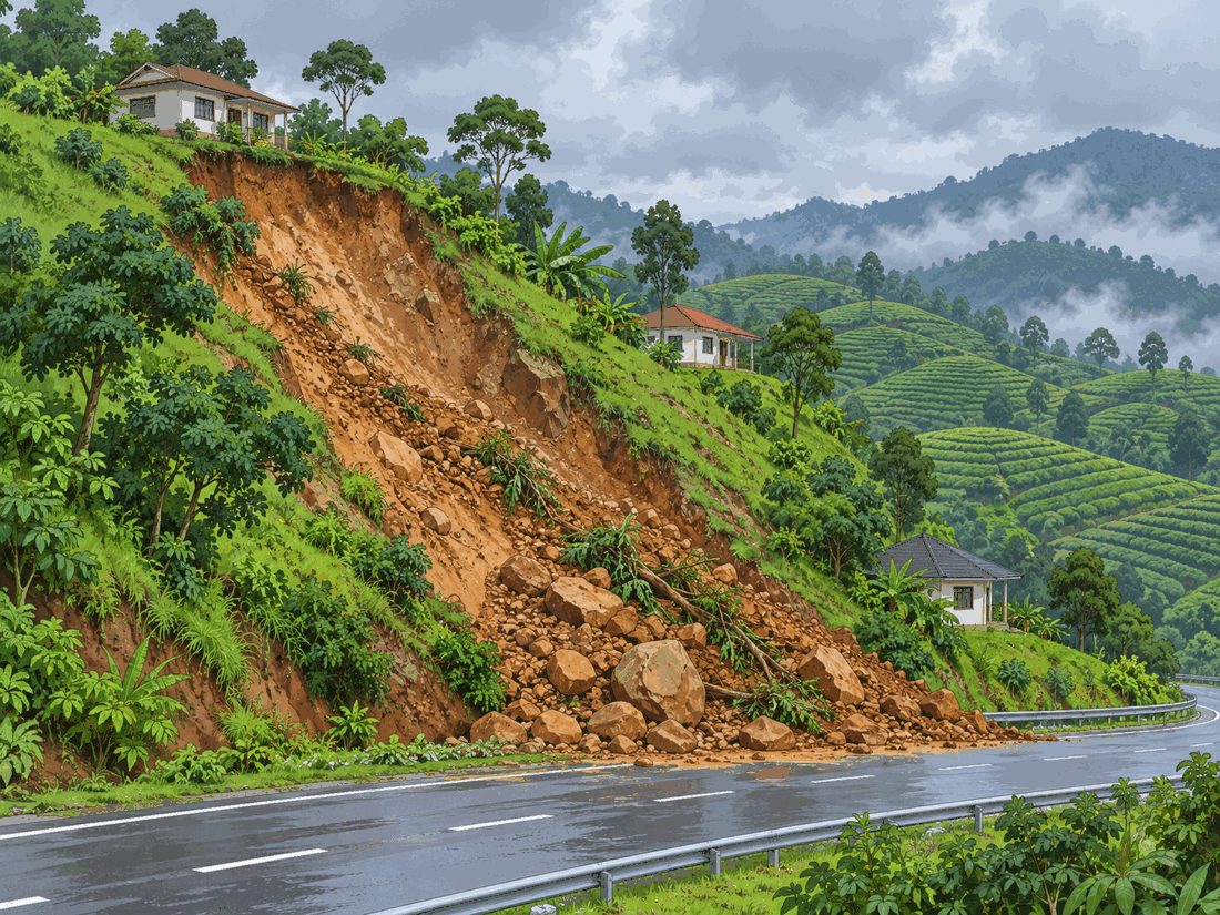 A hill slope by a road where soil and rock have slid down after heavy rain